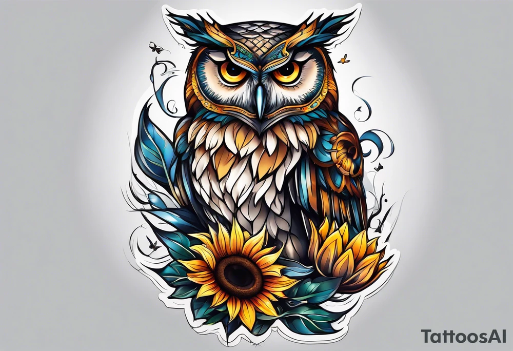 Sleeve with an owl, sunflower and butterfly tattoo idea
