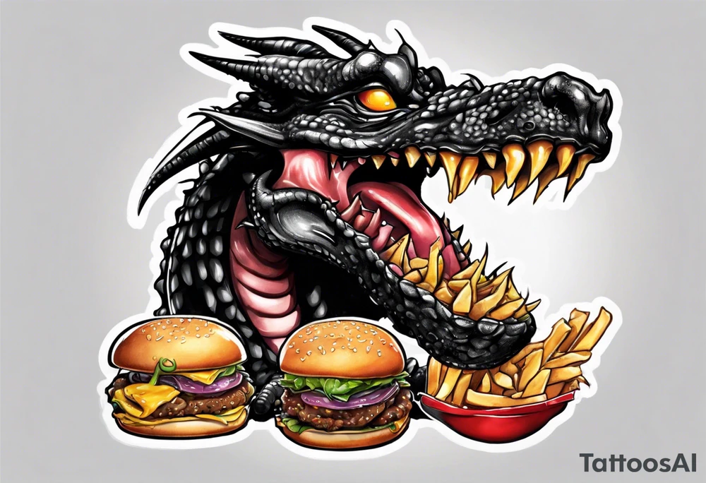 happy black dragon eating a cheeseburger tattoo idea