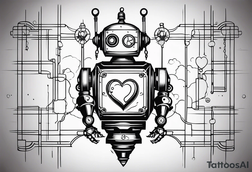 steampunk robot with a real heart tattoo idea