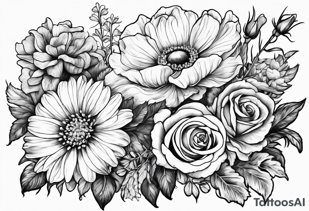 wildflowers with roses, larkspur, carnation, and daisy tattoo idea