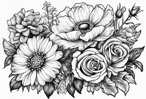 wildflowers with roses, larkspur, carnation, and daisy tattoo idea