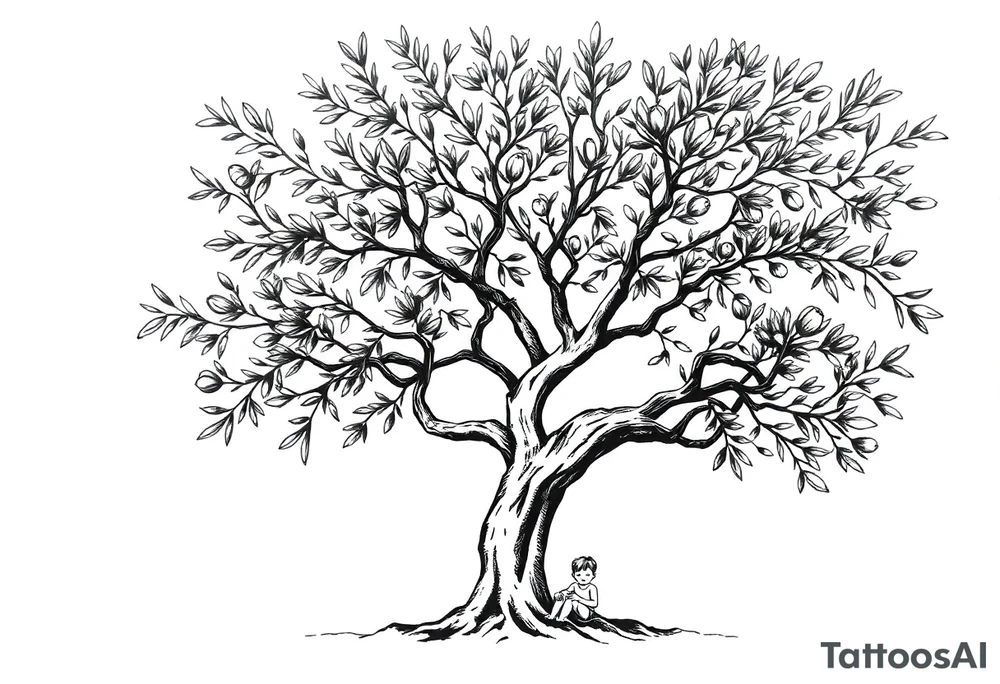 A big olive tree with a child under it tattoo idea