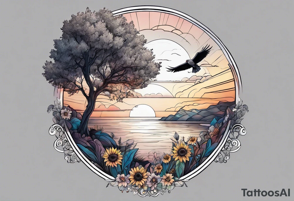 Small norma arm tattoo. Black kite (Daya's name), nature (trees/sea), small sunflower. Soft colours tattoo idea