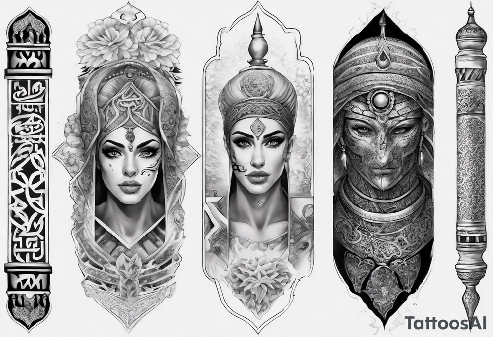 Full sleeve arabic theme realistic tattoo idea