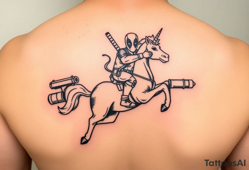 Deadpool riding unicorn pointing rocket propelled grenade launcher tattoo idea Deadpool riding unicorn pointing rocket propelled grenade launcher tattoo idea