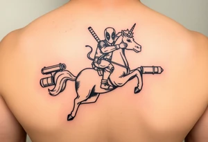 Deadpool riding unicorn pointing rocket propelled grenade launcher tattoo idea