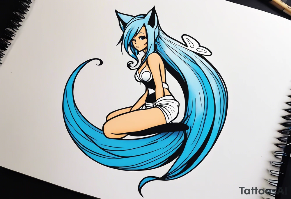 A fairy with a tail inspired by the logo of the show called Fairy Tail in a fetal position leaning in tattoo idea