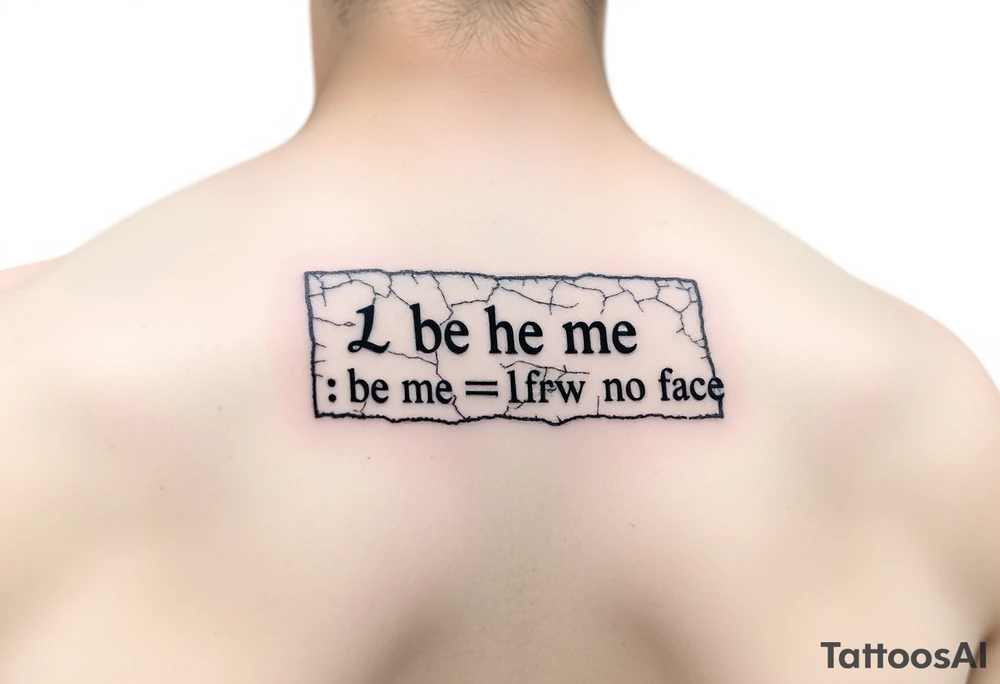 "Ancient stone tablet tattoo, but:  
- Text is 4chan greentext  
- Last line: **'>be me  
>mfw no face'**  

Style: Cracked engraving. Black ink, shoulder blade." tattoo idea