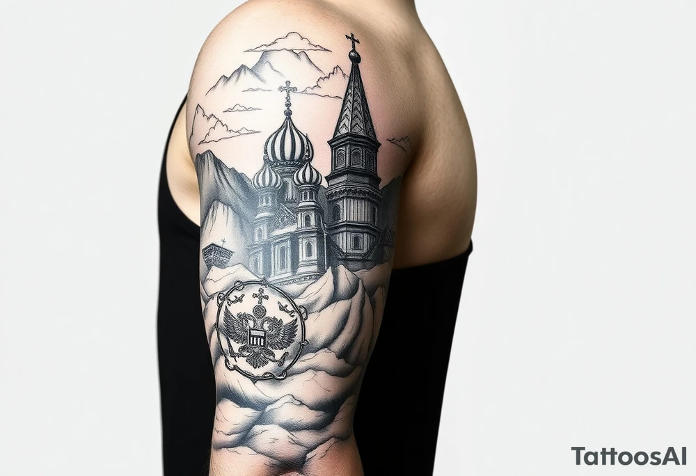 russian orthodox christian left arm tattoo with st basils cathederal in a mountainous setting with clouds with a russian coat of arms tattoo idea