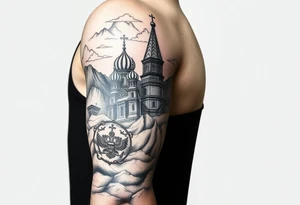 russian orthodox christian left arm tattoo with st basils cathederal in a mountainous setting with clouds with a russian coat of arms tattoo idea