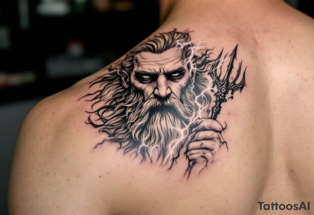 fit poseidon, behind a trident, with lightning tattoo idea