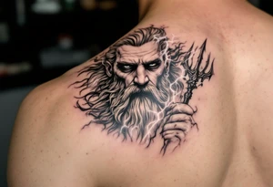 fit poseidon, behind a trident, with lightning tattoo idea