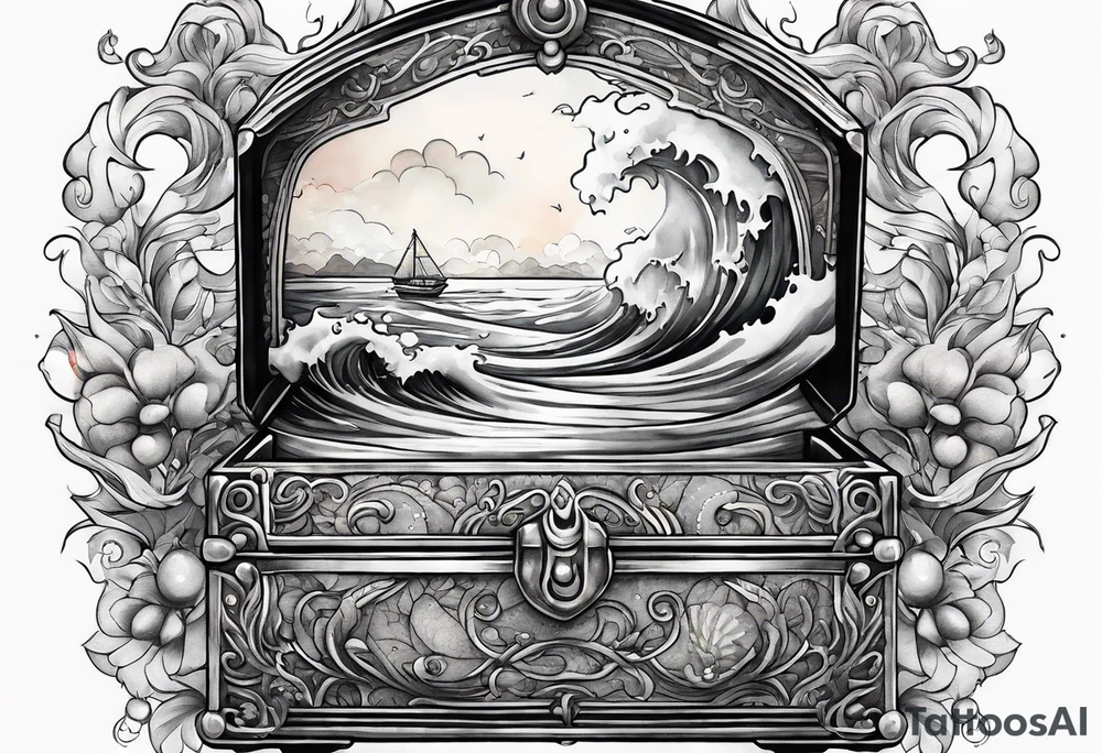 Ocean with threasure chest and pearls tattoo idea