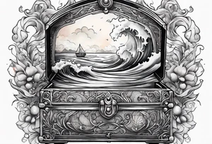 Ocean with threasure chest and pearls tattoo idea