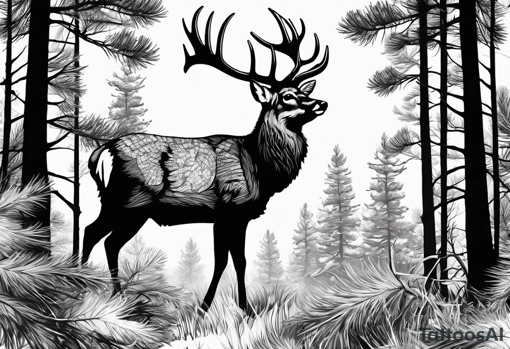 tall pine trees, turkey foot tracks, one deer antler tattoo idea