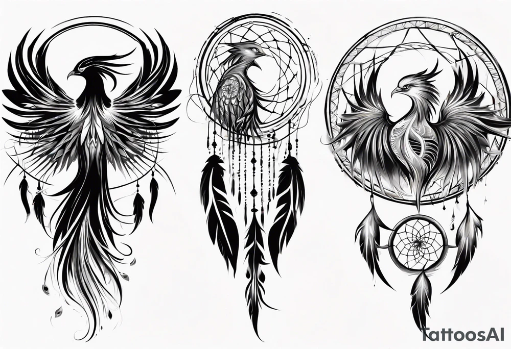 Vertical powerful Phoenix in circles with abstract dream catcher tail tattoo idea Vertical powerful Phoenix in circles with abstract dream catcher tail tattoo idea