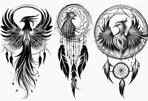 Vertical powerful Phoenix in circles with abstract dream catcher tail tattoo idea