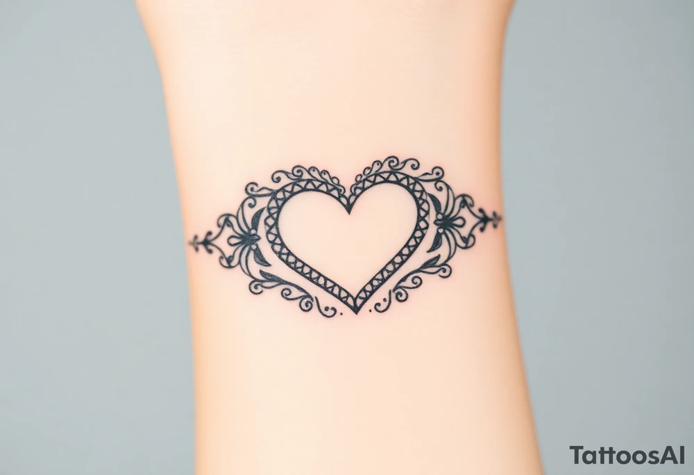 A heart-shaped lace pattern bracelet in black and silver, with a delicate filigree border tattoo idea