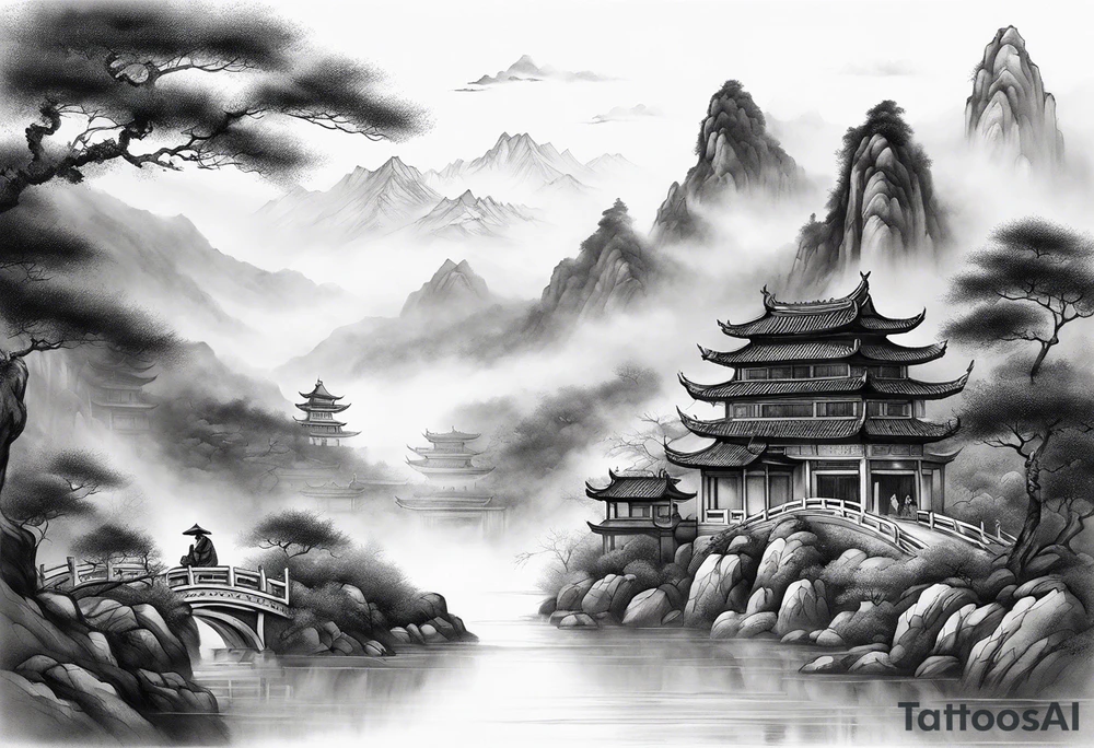 forearm sleeve traditional chinese art painting style autumn mountains mist fog water Chinese temple 2 males wearing robes seated drinking tea far away in the distance tattoo idea