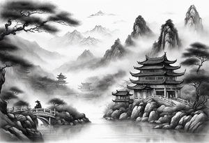 forearm sleeve traditional chinese art painting style autumn mountains mist fog water Chinese temple 2 males wearing robes seated drinking tea far away in the distance tattoo idea