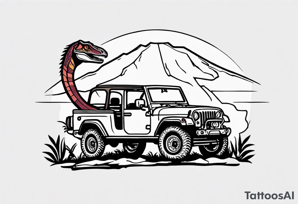 Jurassic Park gates, velociraptor, Jeep front end tattoo idea