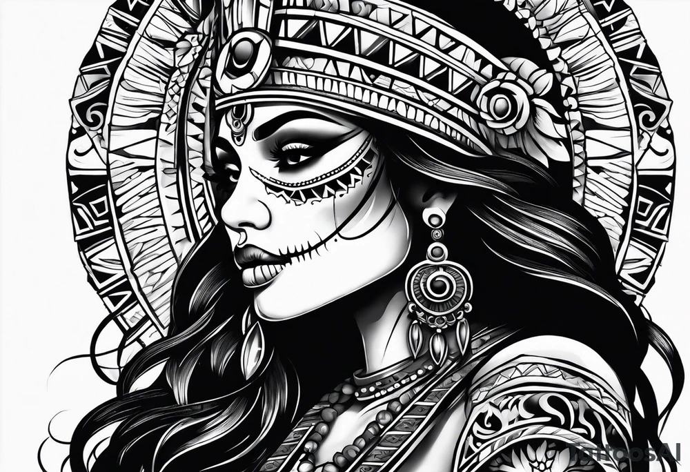 Aztec princess side profile day of the dead tattoo idea