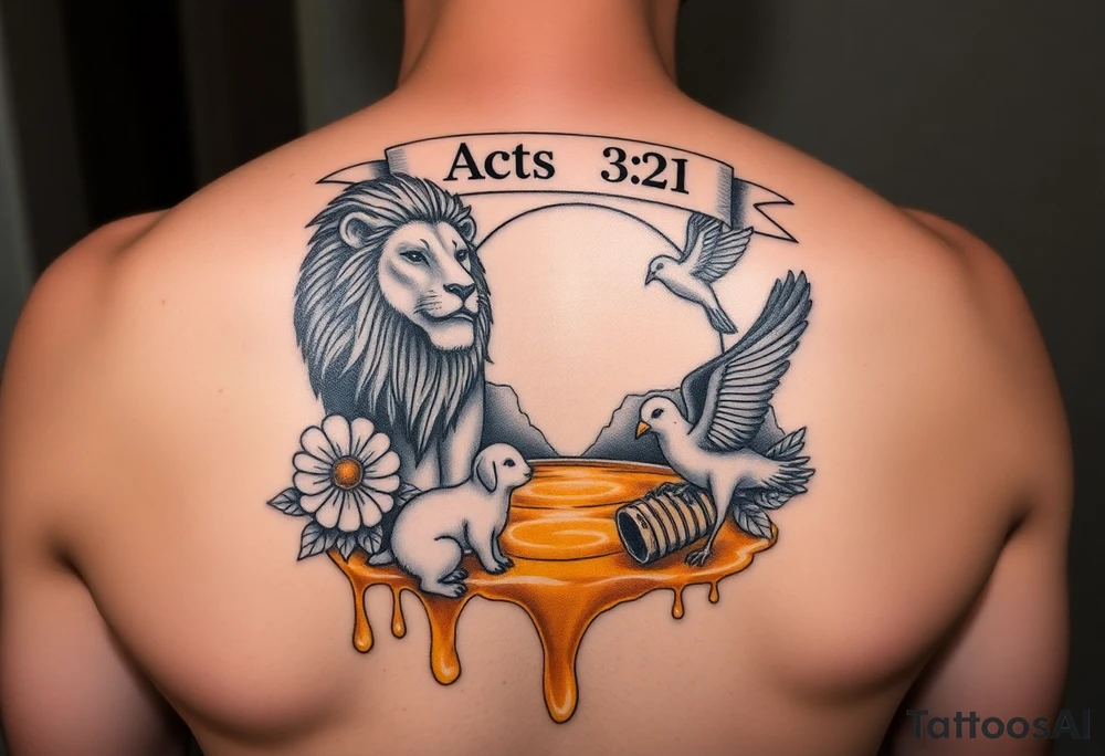 Make a honeycomb dripping honey flowing into a river and lake.  Make a lion, lamb, and dove playing in and by the honey lake.  Make the lion, lamb, and dove playing with and protecting honeybees, a crown, a golden nugget, an ancient hammer, and a harp with melodies.  Make a dna helix in the honey lake. Make an acts 3:21 banner over the tattoo tattoo idea