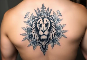 powerful majestic lion with a crown, surrounded by floral ornaments and birds tattoo idea