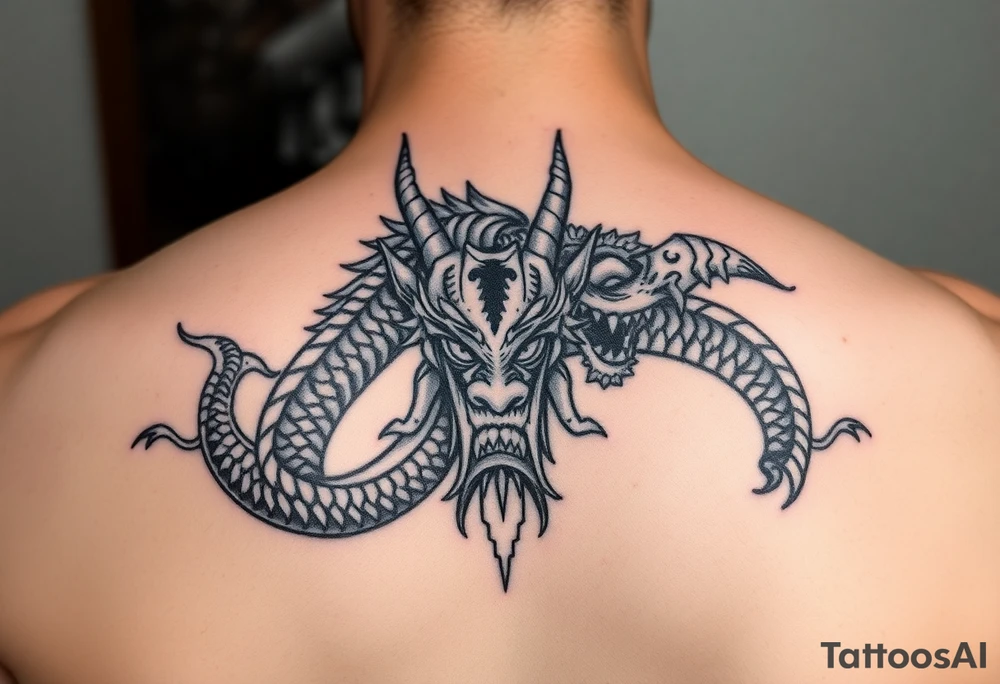Tatuaje en espalda completa solo de la cabeza de un dragón demonio japones sin cuerpo tattoo idea
