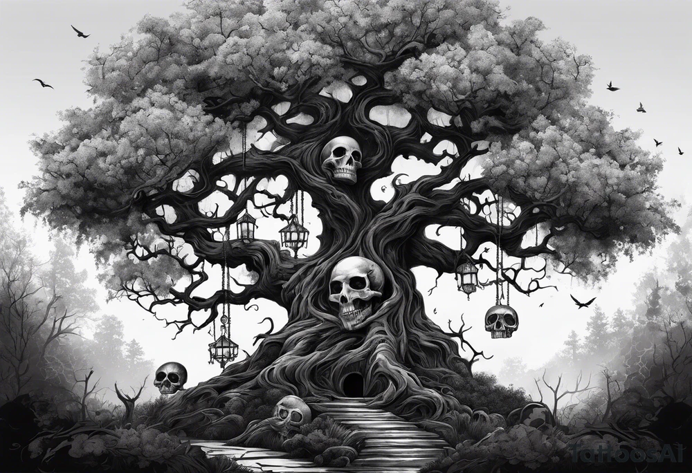 Creepy tree with skulls at the base and names in the branches tattoo idea