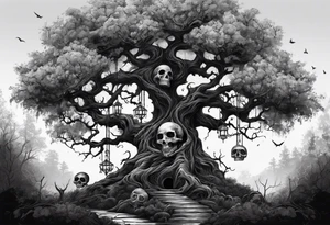 Creepy tree with skulls at the base and names in the branches tattoo idea