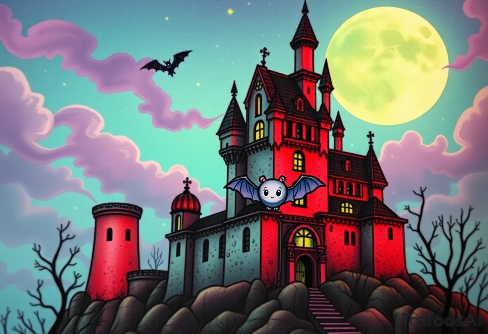 Tim Burton’s haunted castle is abandoned and dripping with muted reds, dusty pinks, and eerie green glow.purple and cyan smokey clouds swirl in the crescent moonlit sky thats sprinkled with stars under the castle an adorable kawaii bat spreads its wings tattoo idea tattoo idea