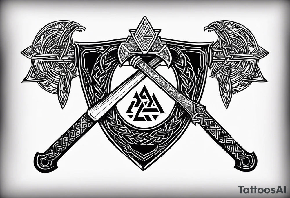 Valhalla sword shield axe Valknut chains tattoo idea