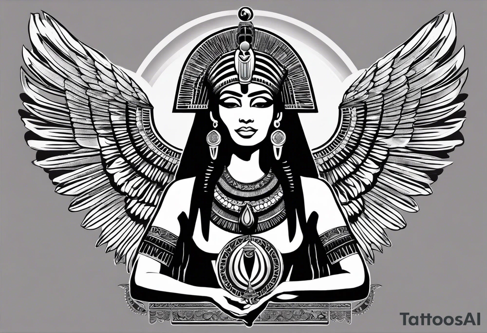 black and white Egyptian goddess Isis, who is often depicted as a woman with outstretched wings, holding an ankh (a symbol of life) in one hand and a lotus flower in the other. Her headdress often includes a throne or a solar disk. The tattoo design can vary in style and size, but it typically aims to capture the essence of this revered Egyptian deity, emphasizing her beauty, power, and maternal qualities. The choice of colors and additional elements can also be customized to create a unique and visually striking representation of the goddess Isis tattoo idea