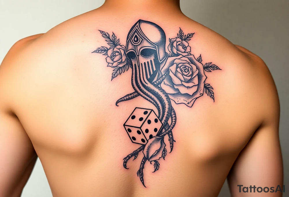 squid, knight intertwined with roses and tree roots rolling dice tattoo idea