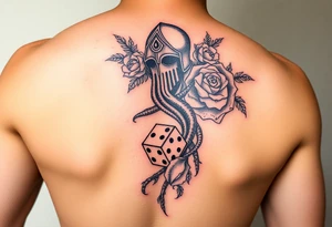 squid, knight intertwined with roses and tree roots rolling dice tattoo idea