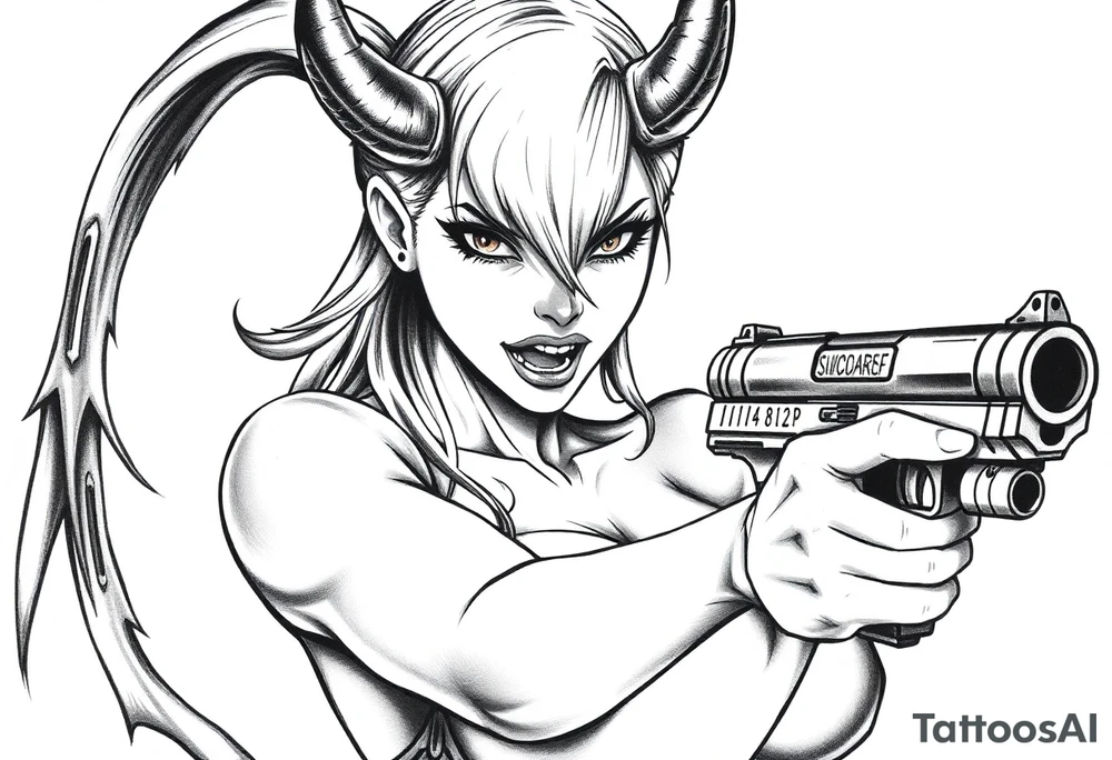 angry succubus holding gun, anime tattoo idea