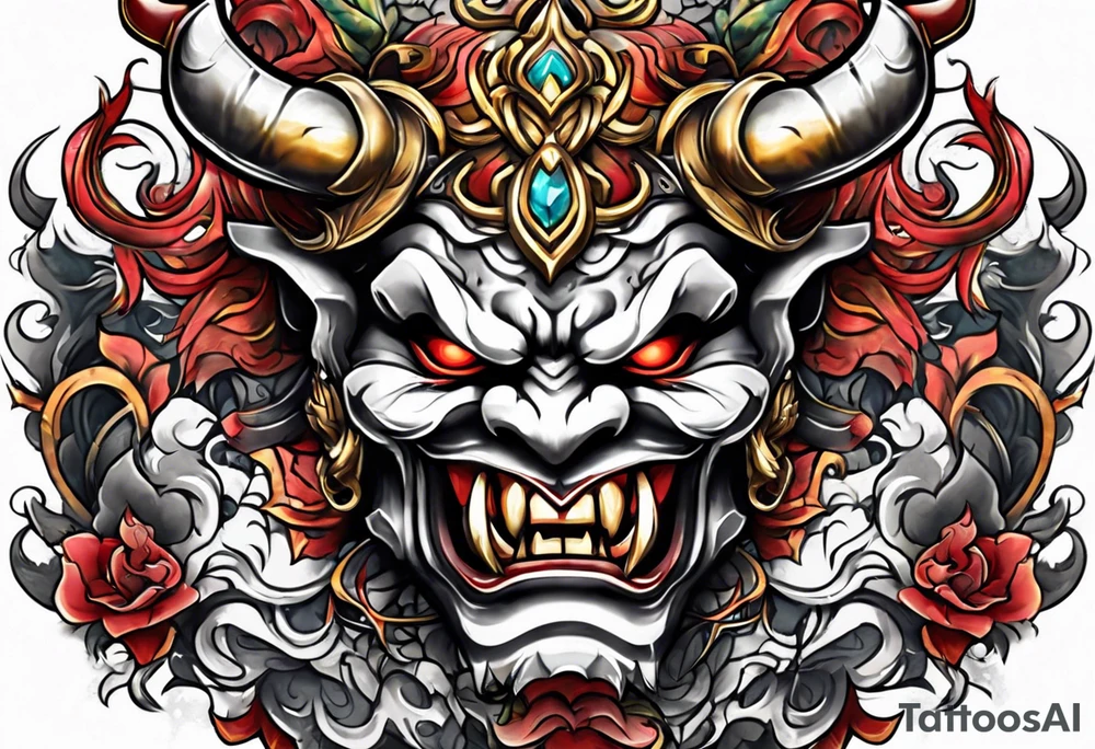 Protection against evil Oni mask tattoo idea