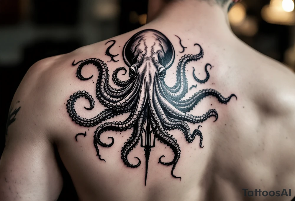 giant squid around a trident tattoo idea