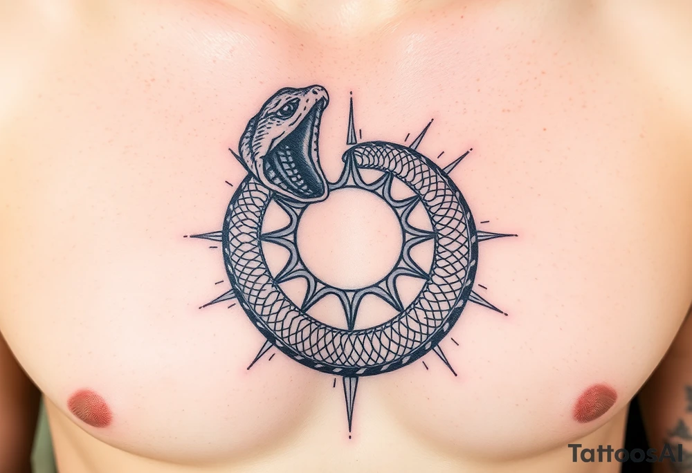 4. Apofis devorando la luz
Serpiente gigante (Apofis) enrollada en espiral, mordiendo un sol fracturado.

Podrías ubicar la espiral alrededor del pezón o el corazón, y las grietas del sol cruzar el pecho. tattoo idea