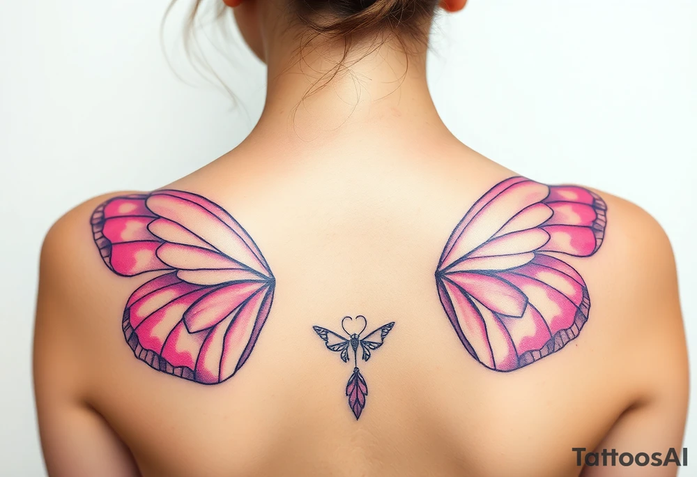 A dreamy portrait of a Virgo woman with delicate butterfly wings, in soft lavender, pink, and pearl white hue tattoo idea