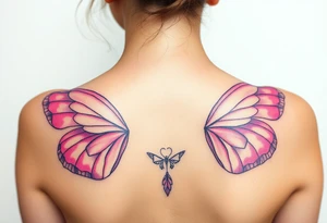 A dreamy portrait of a Virgo woman with delicate butterfly wings, in soft lavender, pink, and pearl white hue tattoo idea