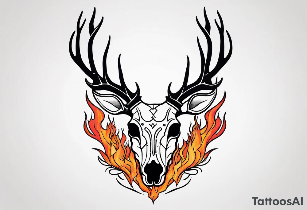 side profile of a deer skull JUST BONE surrounded by a flames and trees tattoo idea