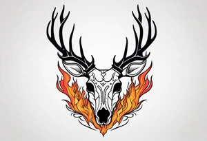 side profile of a deer skull JUST BONE surrounded by a flames and trees tattoo idea