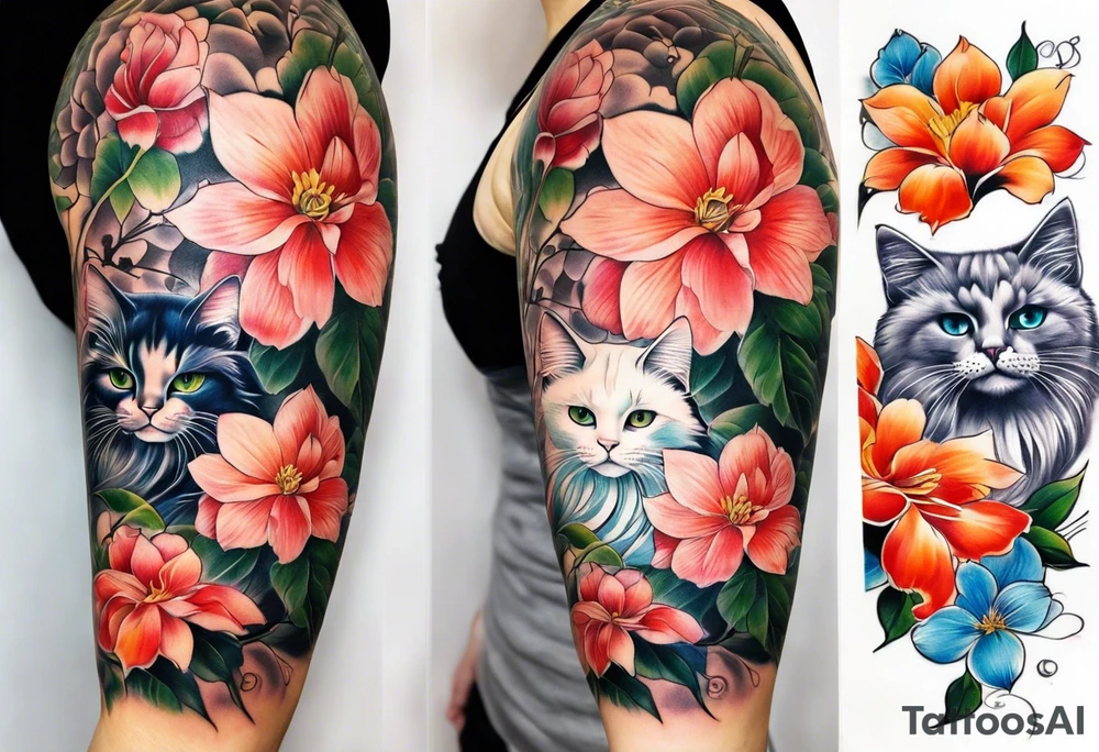 Realistic flower full sleeve with two cats tattoo idea