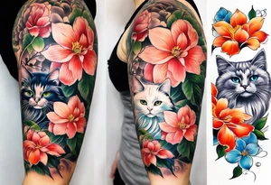 Realistic flower full sleeve with two cats tattoo idea