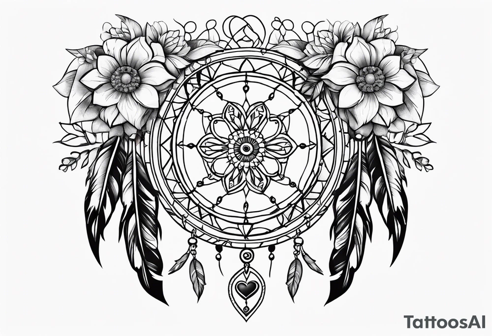 Dream catcher with hearts and flowers tattoo idea