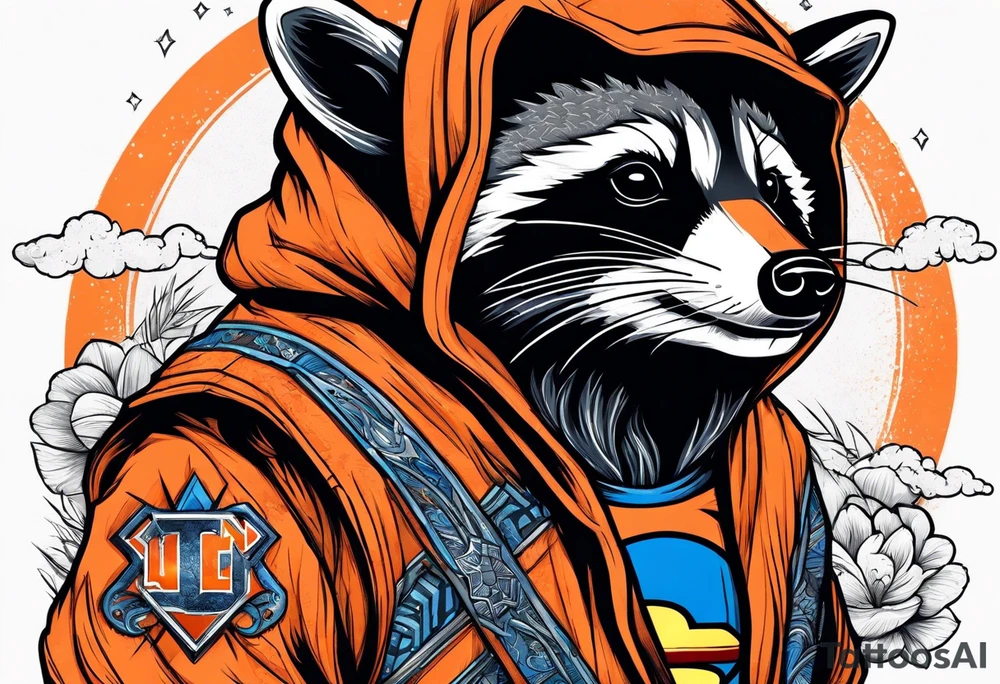 Raccoon wearing an orange Superman hoodie tattoo idea