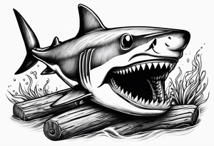 Gummy shark with mouth open on a log tattoo idea