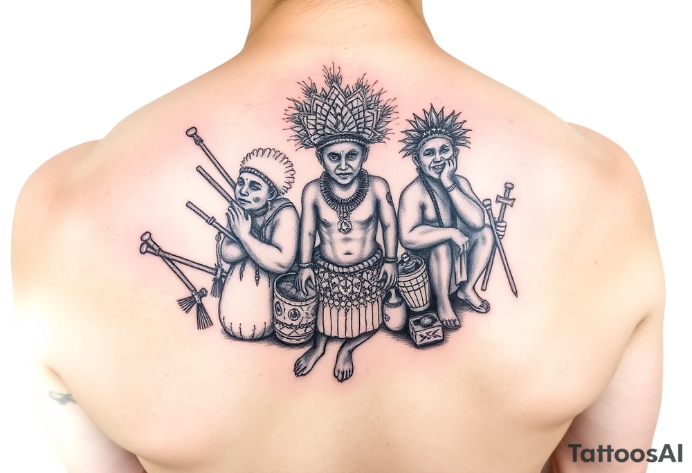 A picture of the lucayan people and things representing there culture in color tattoo idea